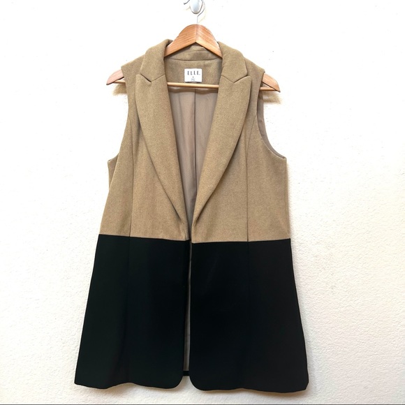 Elle Wool Blend Tan Black Colorblock Long Vest J-15 - Picture 4 of 14